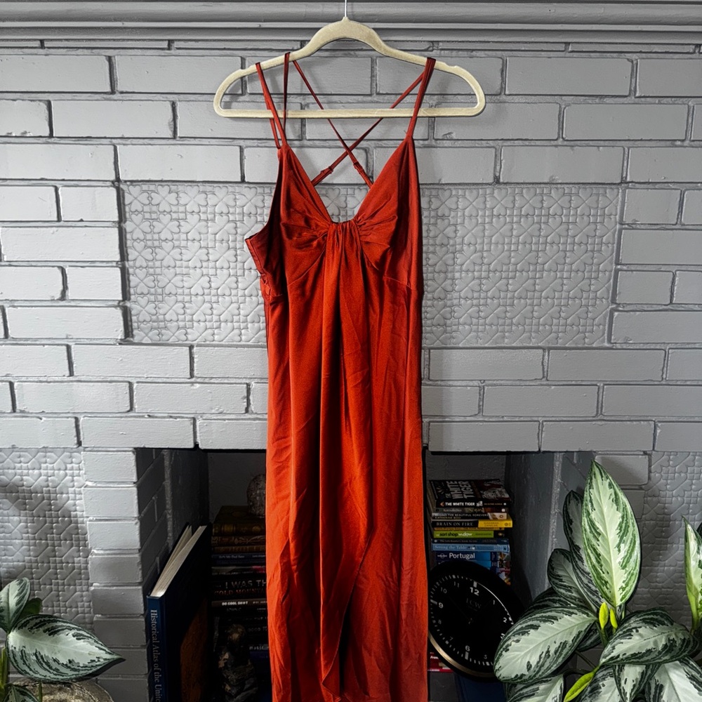 Skies Are Blue Burnt Orange Satin Dress